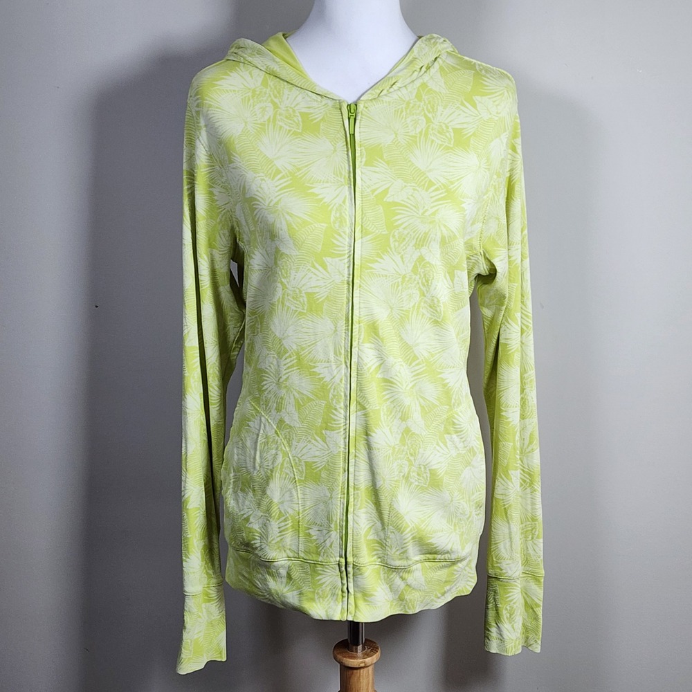 Uniqlo Full Zip Hoodie Womens Large Thumbholes Lightweight Tropical Print Cotton